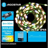 300 λαμπάκια LED τοποθετημένα ανά 10εκ σε Καλώδιο PVC Τύπου Γυρλαντα μήκους 30μ + 3μ Παροχής Ρεύματος 4 Χρωμάτων RGBY Με 8 Προγράμματα MRE 300609