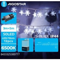 50 χριστουγεννιατικα Λαμπάκια LED 5μ.+3μ. Αστεράκι & Νιφάδα Χιονιού Λευκό Ψυχρό χρώμα σε Σειρά με 8 Προγράμματα Aigostar MRE 300777