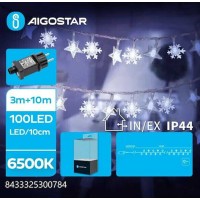 100 χριστουγεννιατικα Λαμπάκια LED 10μ.+3μ. Αστεράκι & Νιφάδα Χιονιού Λευκό Ψυχρό χρώμα σε Σειρά με 8 Προγράμματα