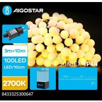 100 χριστουγεννιάτικα Λαμπάκια LED 10μ.+0,3μ. Σφαιρικά Λευκα Θερμό Λευκό σε Σειρά με 8 Προγράμματα