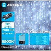 200 Χριστουγεννιατικα Λαμπάκια Κουρτίνα LED 2μ.*2μ.+3μ.  Ψυχρό Λευκό Χρώμα με 8 Προγράμματα