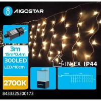 300 Χριστουγεννιάτικα Λαμπάκια Κουρτίνα LED 15μ.*0,40μ.+3μ. Θερμό Λευκό Χρώμα με 8 Προγράμματα