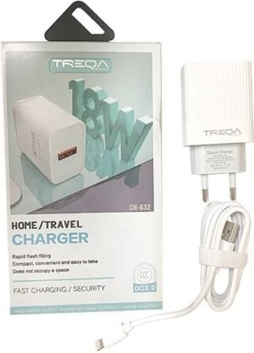 feelyourhome_16768 Treqa Φορτιστής με Θύρα USB-A και Καλώδιο Lightning 18W Quick Charge 3.0 Λευκός (CS-632) - Image 1